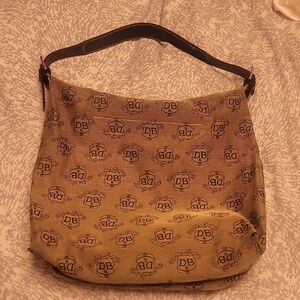 Dooney & Bourke Beige Logo Canvas Shoulder Hobo with Dark Brown Trim